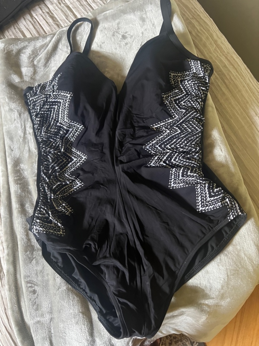 Black One-Piece Swimsuit with White Zigzag Embroidery